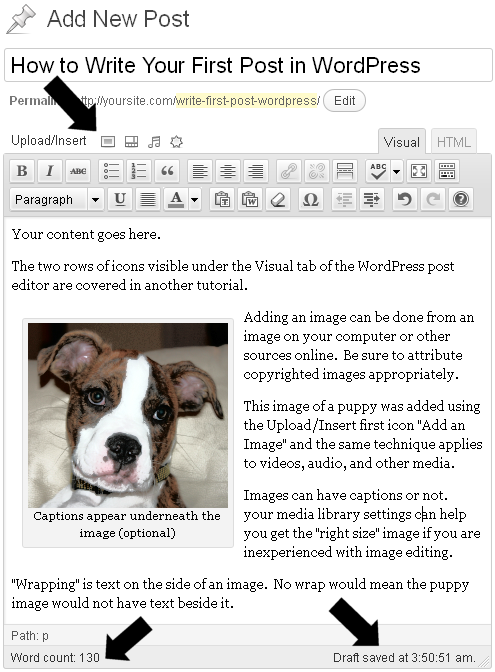Full context of first WordPress post in the WP Post Editor