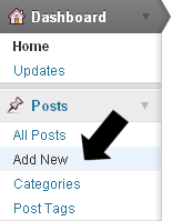 Sidebar of WP admin - click Add New to begin a new post