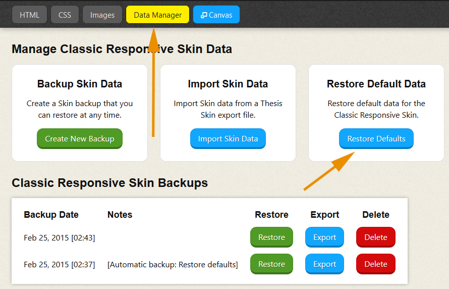 Thesis Skin Data Manager: Restore Defaults