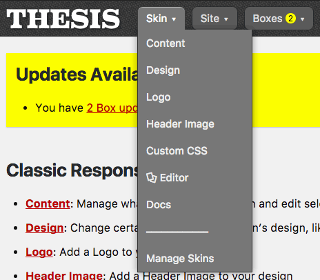 Thesis Admin menu click-to-reveal behavior