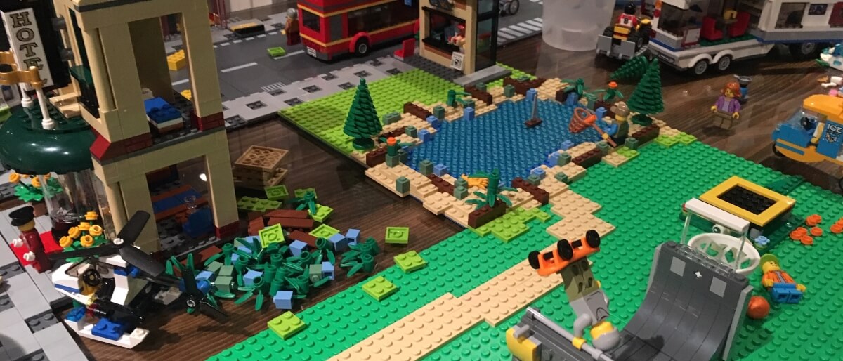 LEGO lake next to a skate park