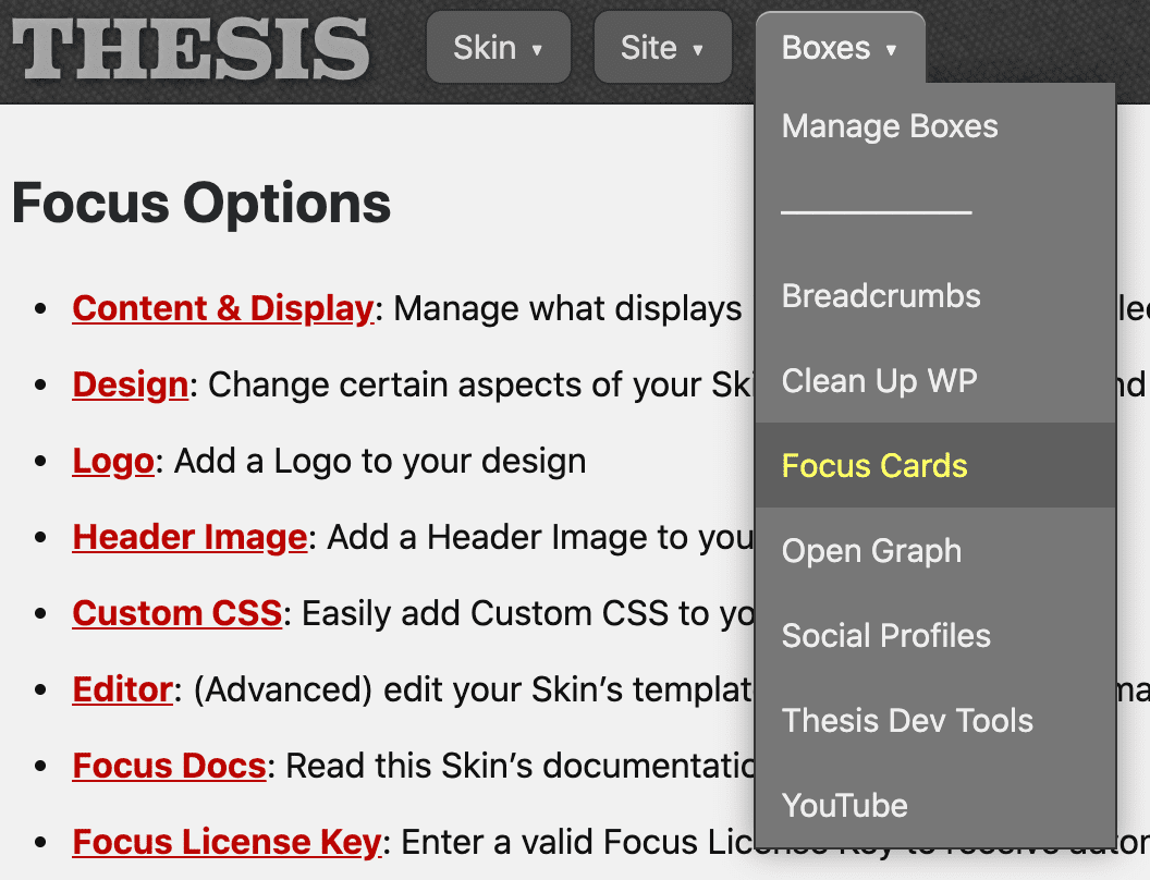 Focus Cards via the Thesis Boxes menu