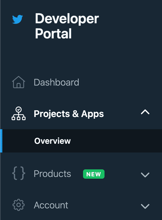 Twitter API: Developer Portal navigation menu