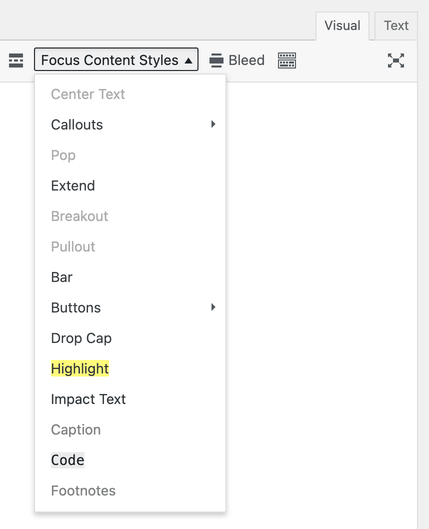 Focus Content Styles dropdown selector